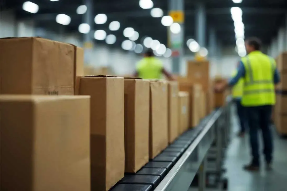 Cajas de cartón sobre una cinta transportadora en un almacén logístico automatizado con un software de distribución mayorista
